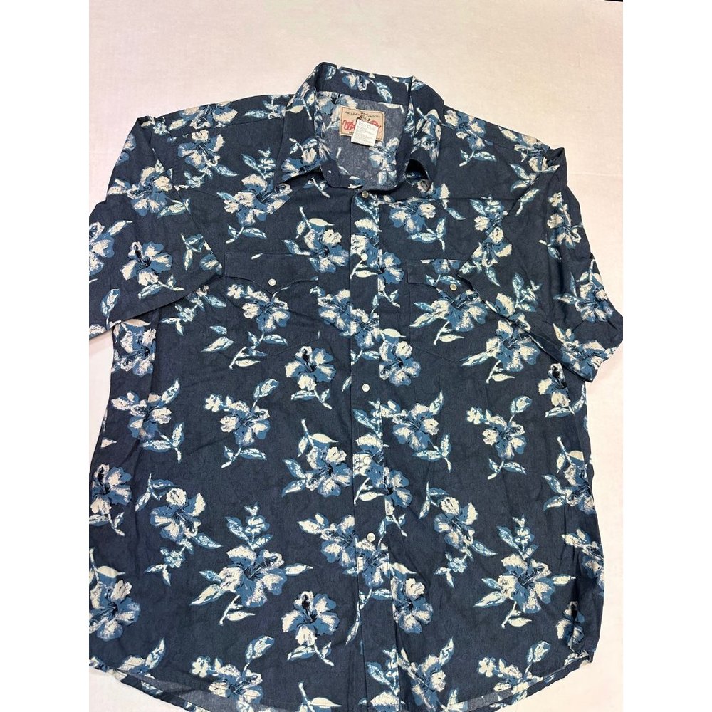 Wrangler Western Wear Pearl Snap Blue Flower Print Short Sleeve Size Xl